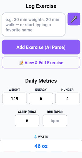 MettaTrackAI exercise log and daily metrics screen