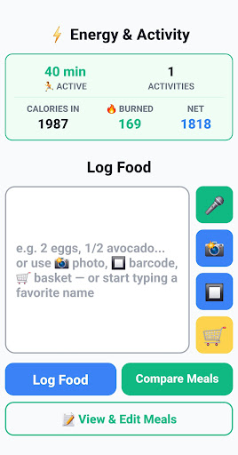 MettaTrackAI food log screen with barcode, photo, voice, and basket logging options