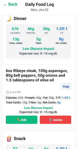 MettaTrackAI AI-parsed meal log with full macro and glucose impact breakdown
