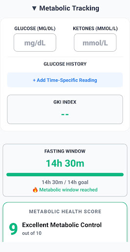 MettaTrackAI metabolic tracking screen with glucose, ketones, GKI, fasting window, and metabolic health score