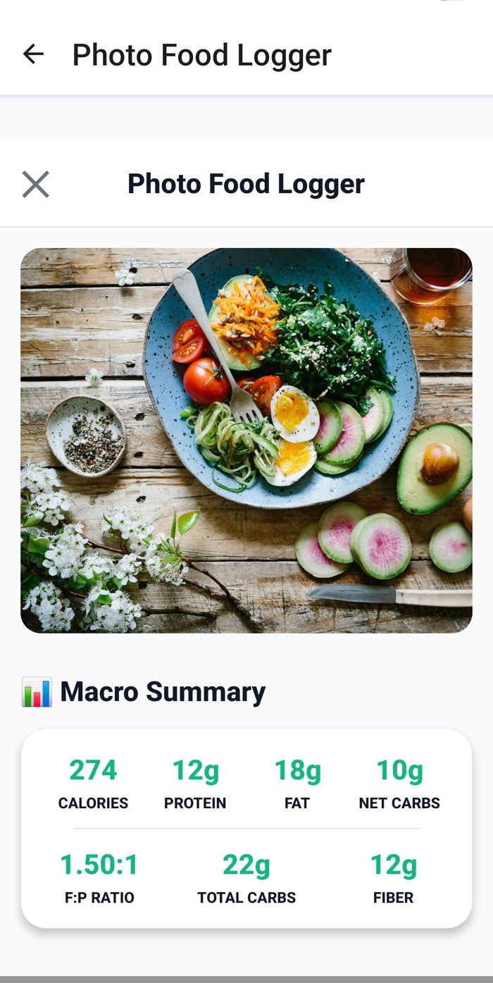 MettaTrackAI Photo Food Logger showing AI-detected plate with editable macro summary